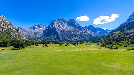 Majestic Mountain Valley Landscape Lush Green Meadow and Dramatic Peaks under a Vivid Blue Sky