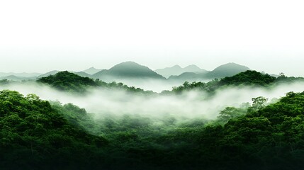 Misty Mountain Landscape Lush Green Forest Hills in Fog Serene Nature Scene