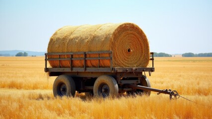 Obraz premium A hay wagon loaded with a large round bale of hay sits in the middle of a golden field under a clear sky.