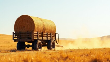 Obraz premium A hay wagon carrying a large round bale of hay moves through a dry field, kicking up dust under a clear sky.
