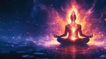 A serene figure sits in a meditative pose, emanating colorful energy that symbolizes spiritual enlightenment and inner peace in a cosmic backdrop
