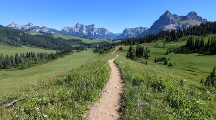 Obraz premium Scenic Mountain Hiking Trail in Lush Alpine Meadow Landscape