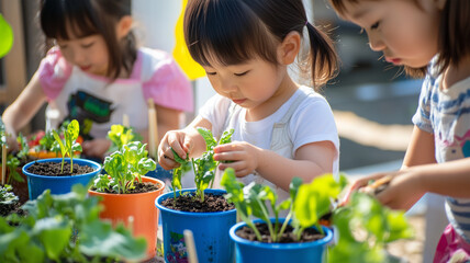 幼稚園のプランターで野菜を育てる日本の子どもたち