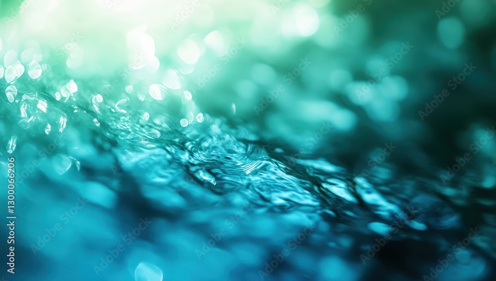 Poster abstract background of shimmering water surface with bokeh effect in turquoise blue tones creating a