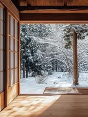 A wooden room frames a winter landscape with snow covered trees