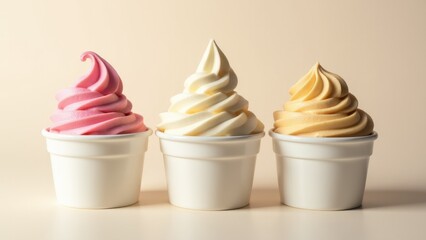 Three ice cream cups with ice cream in pink, white, and yellow colors.