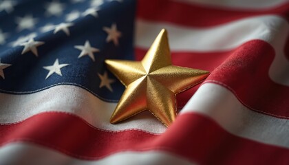 Close-up shot of gold star on USA flag. Symbolizes Gold Star Mother Day celebration, honoring mothers of fallen US military service members, tribute, patriotism and sacrifice.