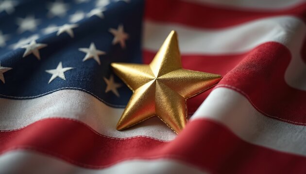 Close-up shot of gold star on USA flag. Symbolizes Gold Star Mother Day celebration, honoring mothers of fallen US military service members, tribute, patriotism and sacrifice.