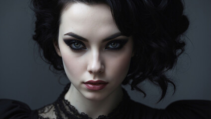 Fototapeta premium Gothic Woman with Jet-Black Hair and Dark Eyeshadow