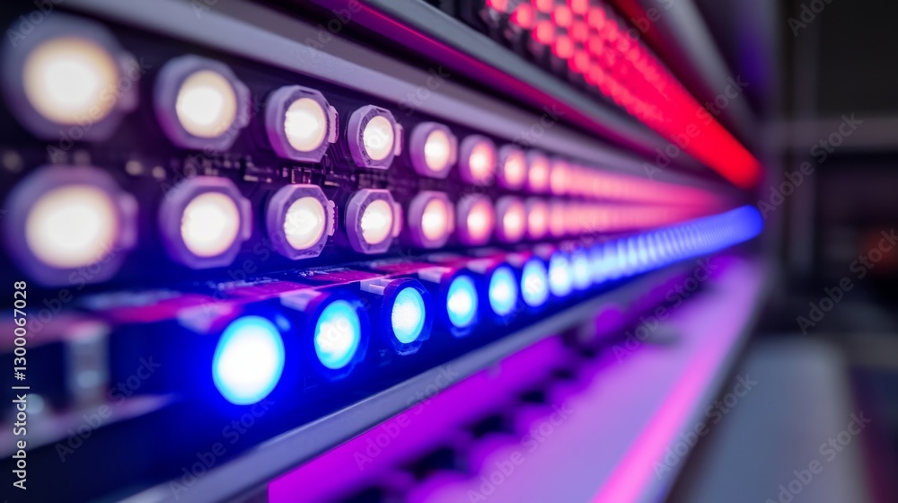 Aufkleber a detailed circuit board displays glowing leds in shades of red, blue, and purple, creating a striki