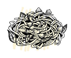 Hand drawn illustration of spaghetti. Pasta templates collection for menu design, flyers and brochures. Engraving style hand drawn sketch, vector illustration.