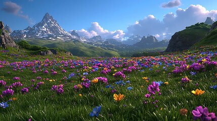 Obraz premium Vibrant Wildflower Meadow in Majestic Mountain Landscape Spring Bloom
