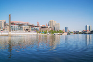 Fototapeta premium The urban architectural skyline, modern bridges, and Haihe River scenery of Tianjin, China on August 11, 2024