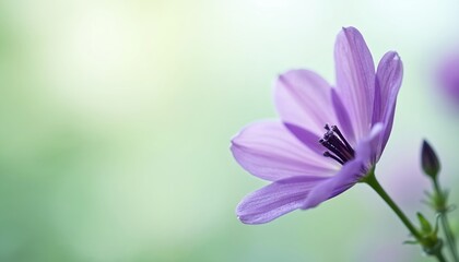 Fototapeta premium Sharp focused stunning purple flower against blurred serene green background. Floral blossom with delicate petals, stamens. Spring beauty, elegant botany, soothing tranquil freshness of vivid garden.