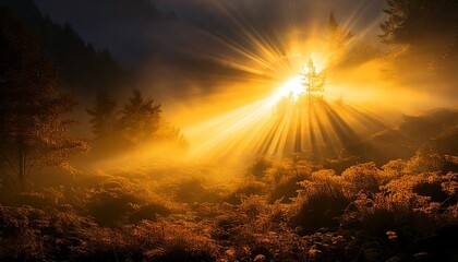 Ethereal Golden Mist – Thick, glowing fog swirls around radiant shafts of golden light, creating a mystical ambiance.