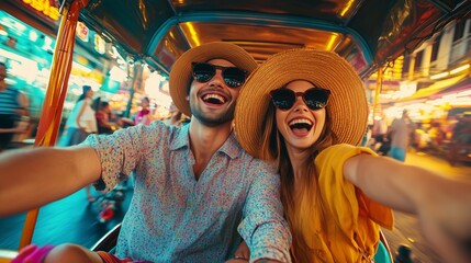 Naklejka premium Happy Couple Taking a Selfie While Riding a Tuk-Tuk in Bangkok, Thailand – Vibrant Street Market and Local Culture