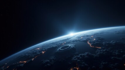 A stunning view of Earth from space, showcasing a sunrise over the horizon with visible landmasses and cloud formations.