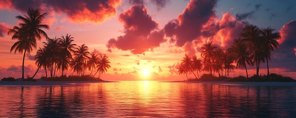 Sunset over tropical island nature scene coastal view relaxing vibes