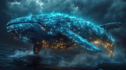 A colossal, luminous whale made of digital circuitry swims through stormy seas, radiating energy