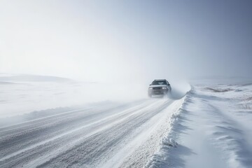 road in a snowy wastelands with a snow-dust stormy blizzard over it