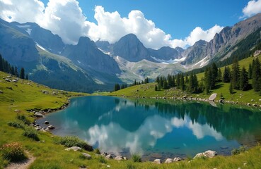 Fototapeta premium Tatra National Park panorama with Gasienicowa valley, Czarny Staw lake near Kasprowy Wierch peak. Polish Tatry mountains, hiking trail, blue sky, green forest, clear water reflection of scenic