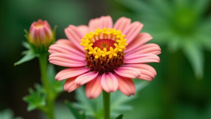Obraz premium Close-up of a pink flower with yellow center, showcasing its vibrant petals and intricate details.