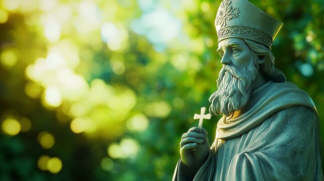  A Reverent Depiction of Saint Patrick in Green and Gold Robes Praying in a Serene, Lush Environment with Soft Light