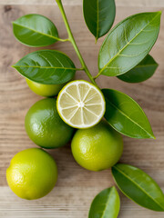 Fresh limes with it's leaf on wooden background ( Citrus aurantifolia (Christm.) Swingle ) , Rutaceae