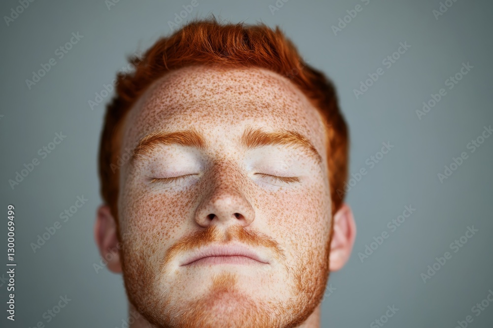 Poster a man with red hair and freckles gazes serenely with closed eyes, illuminated by soft lighting that 