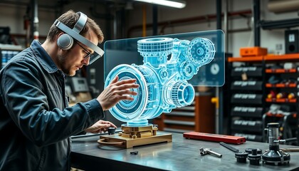 Augmented Reality in Automotive Engineering: Mechanic Uses AR Hologram for Engine Repair