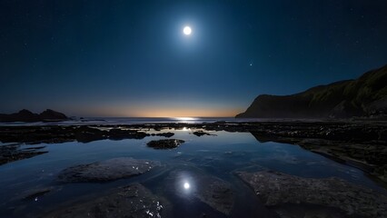 Moonlit coastal tide pools reflecting starry night sky along rocky shore