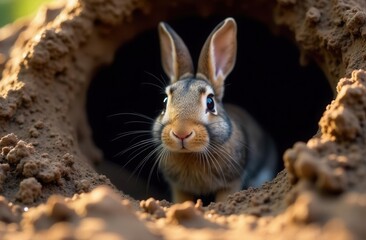 Fototapeta premium Curious rabbit peeking out of burrow in natural habitat during daylight