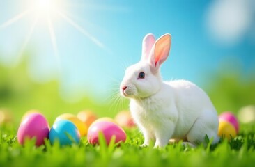 Obraz premium Adorable white rabbit with colorful easter eggs in sunny spring meadow