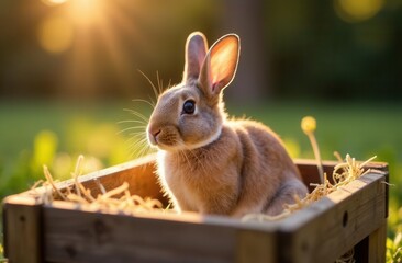 Obraz premium Cute bunny sitting in wooden box outdoors in sunlight