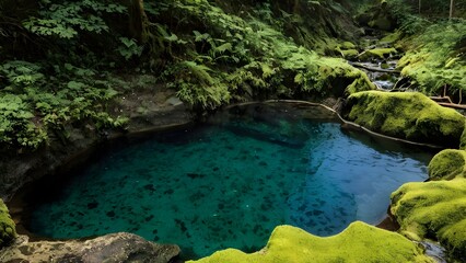 Fototapeta premium Hidden turquoise pool surrounded by mossy rocks in pristine forest paradise