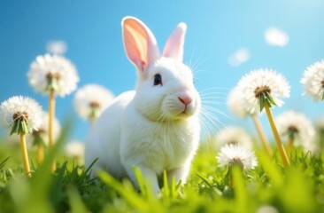 Fototapeta premium White rabbit in sunlit field of dandelions and bright blue sky