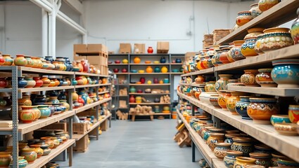 Fototapeta premium Colorful Glazed Pottery Shelves Ready for Inspection and Packaging