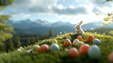 A cute bunny sits on grassy terrain surrounded by colorful eggs and mountains in the background. Easter Bunny Concept.