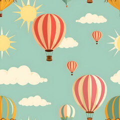 Fototapeta premium A whimsical pattern featuring colorful hot air balloons against a blue sky.