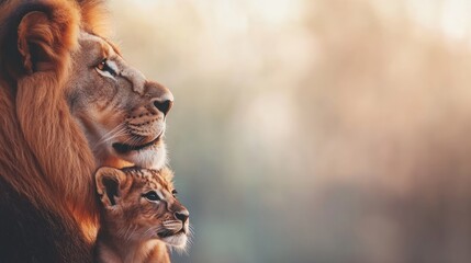 Fototapeta premium A male lion and its cub rest together, embracing each other's warmth in soft natural light that highlights their fur textures against an empty backdrop