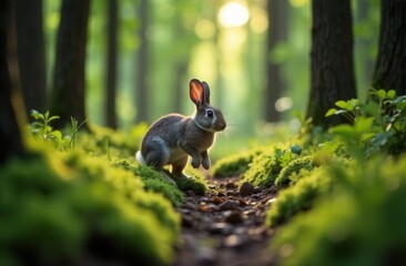 Curious rabbit exploring a sunlit forest path