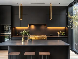 A modern kitchen showcases its clean lines and sleek black design