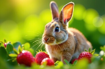 Fototapeta premium Adorable bunny in lush green field surrounded by juicy strawberries