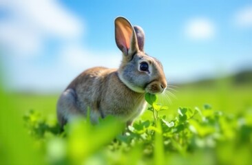 Fototapeta premium Cute rabbit eating clover in a sunny green field