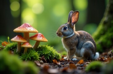 Fototapeta premium Curious rabbit in forest glade with mushrooms and moss