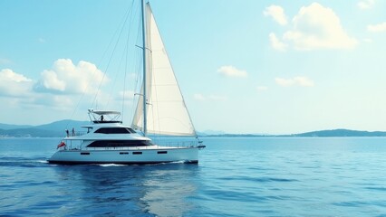 Fototapeta premium A luxurious yacht sails on calm blue waters under a clear sky, embodying a nautical theme.