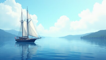 Fototapeta premium A sailboat with an American flag sails on a calm lake surrounded by mountains, embodying a nautical theme.