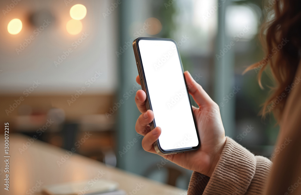 Poster woman holds smartphone with blank screen. mobile phone mockup with empty display in hand. device use