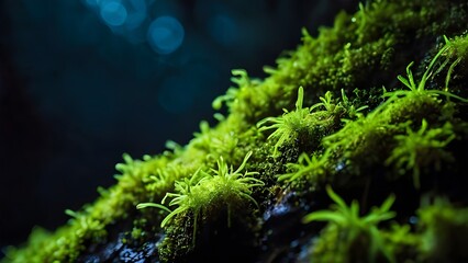 Fresh green moss growing wild with dreamy turquoise bokeh background