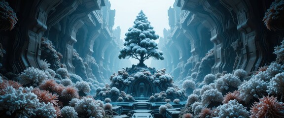 Fototapeta premium Serene Winter Scene Snow Covered Tree in Futuristic Architectural Canyon Digital Art Fantasy Landscape